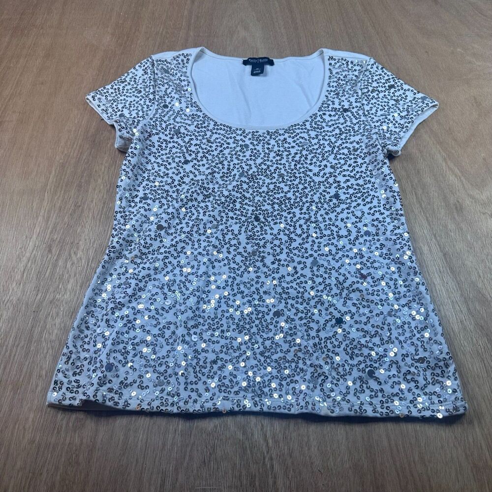White House Black Market Sequin Front Top Cream/Ivory Short Sleeve Women M